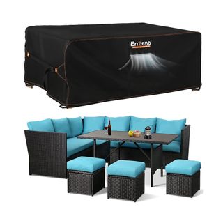 Black Enzeno Outdoor Garden Furniture Set Cover with rattan furniture underneath with blue cushions on it