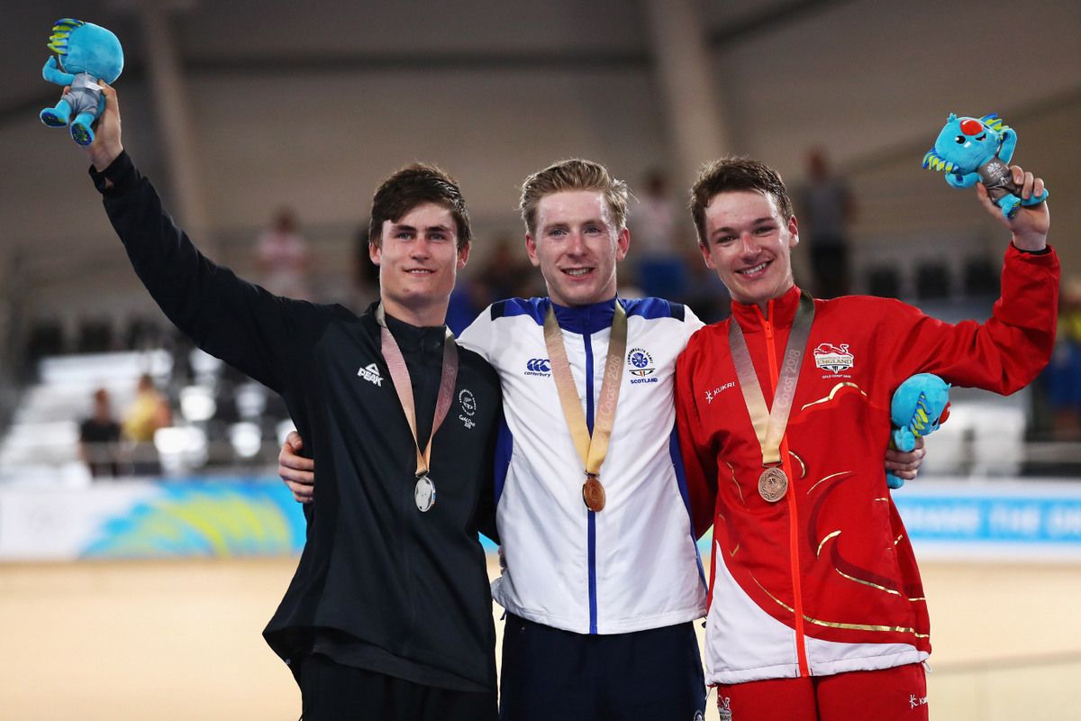 The points race podium with Mark Stewart (Scotland) winning gold