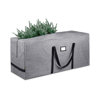 A grey Christmas tree storage bag