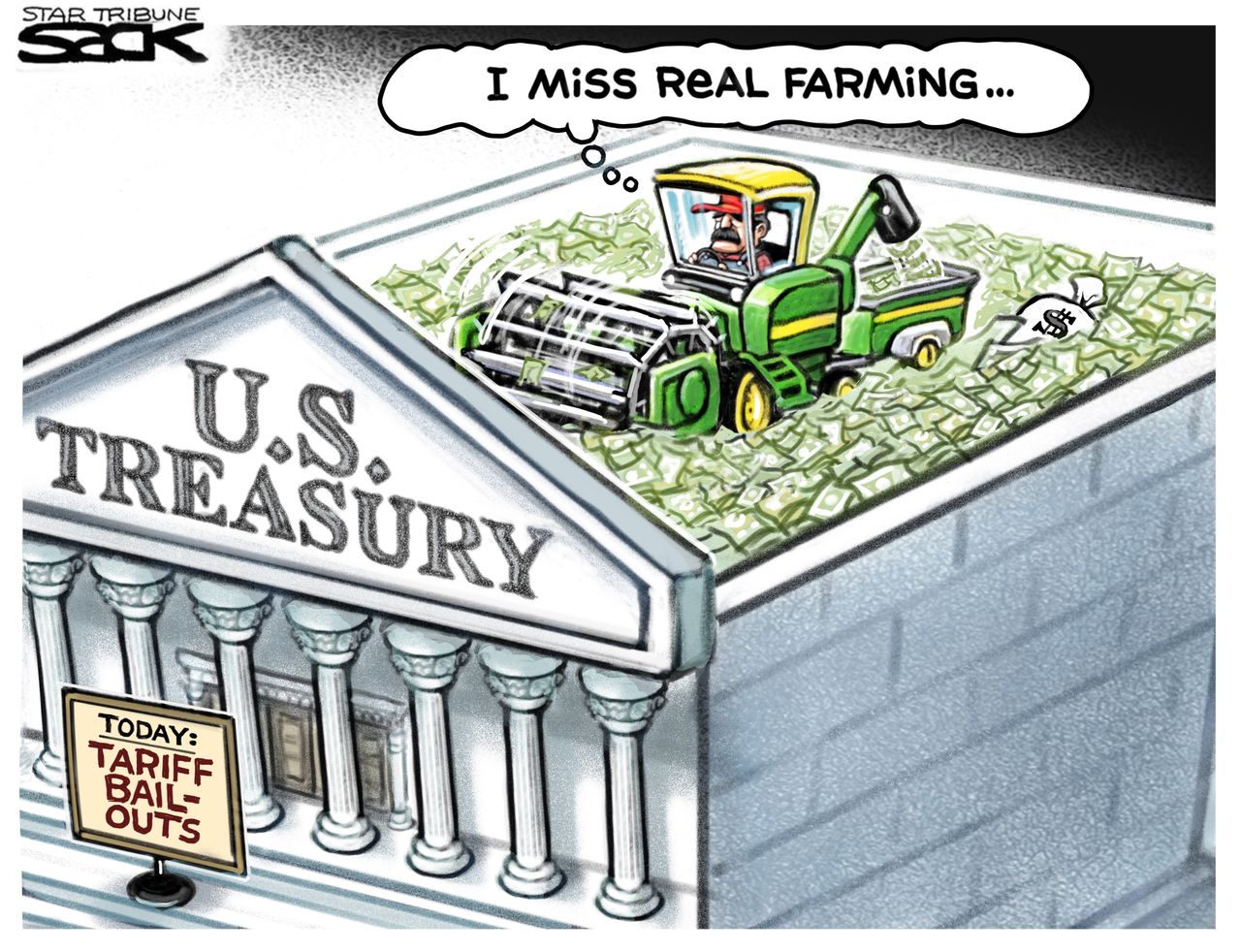 Political Cartoon U.S. Farming Treasury Tariffs Trade War