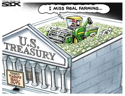Political Cartoon U.S. Farming Treasury Tariffs Trade War