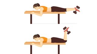 Vector woman on bench performing prone dumbbell hamstring curls