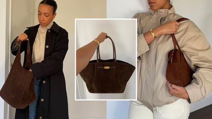 collage of Lauren Tappan carrying brown suede bags 