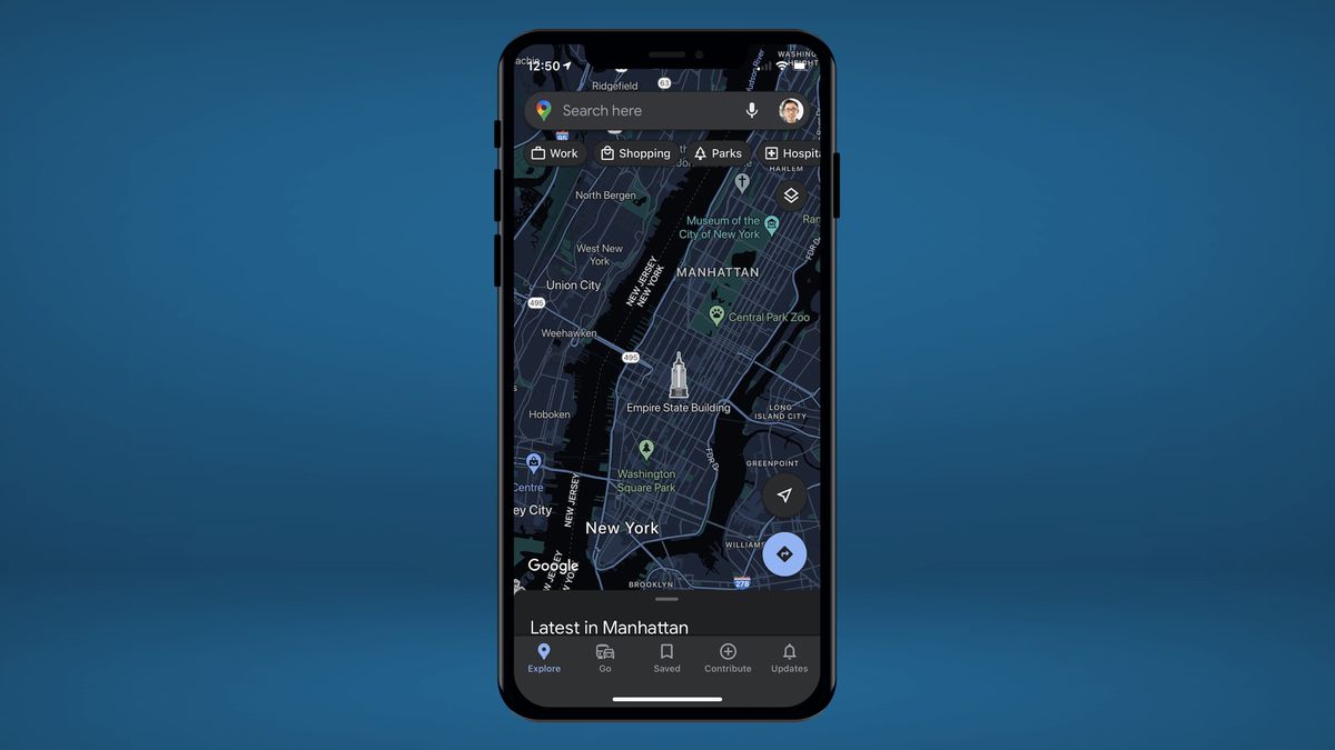 google map of new york in dark mode on blue background