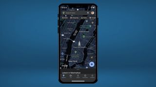 google map of new york in dark mode on blue background
