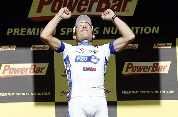 An ecstatic Pierrick F&eacute;drigo (FDJ-BigMat) celebrates his stage victory on the podium, a sweet reward after having his 2011 season wrecked by Lyme disease.