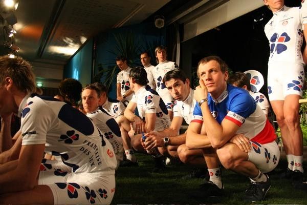 After being introduced the riders form up on the front of the stage.