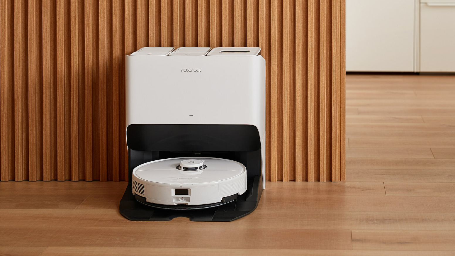 The Roborock S8 Pro robot vacuum in its dock in a kitchen