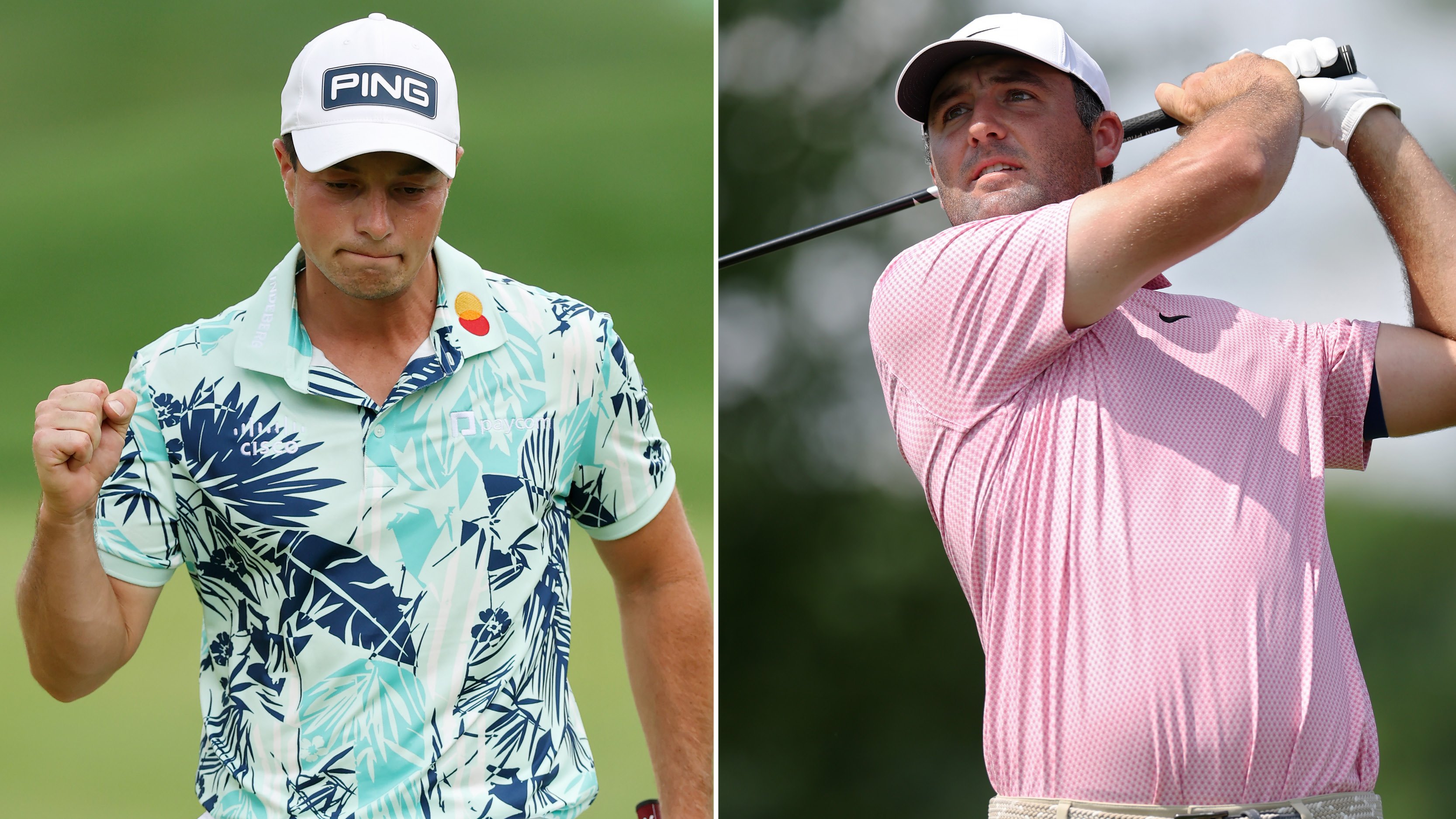 Viktor Hovland and Scottie Scheffler hit golf shots