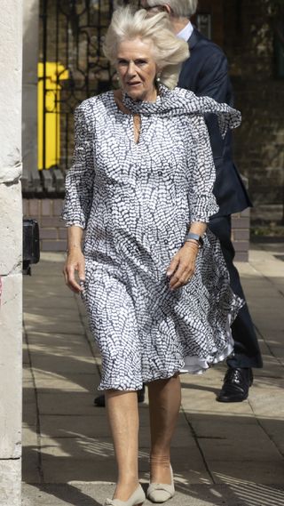 Queen Camilla in a printed silk dress