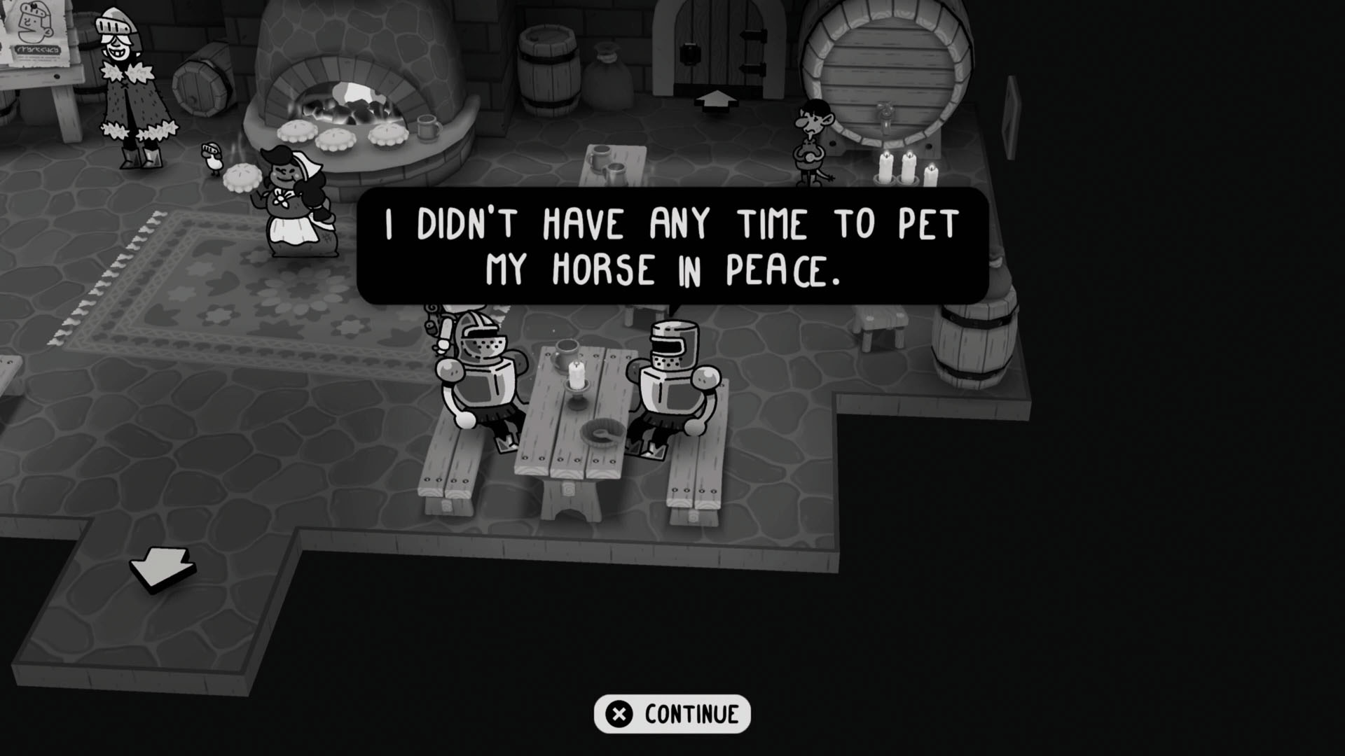 Knights speak in an inn in Toem 2, with one saying &amp;quot;I didn't have any time to pet my horse in peace&amp;quot;