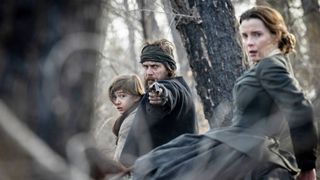 Preston Mota, Taylor Kitsch and Betty Gilpin in "American Primeval" coming soon to Netflix