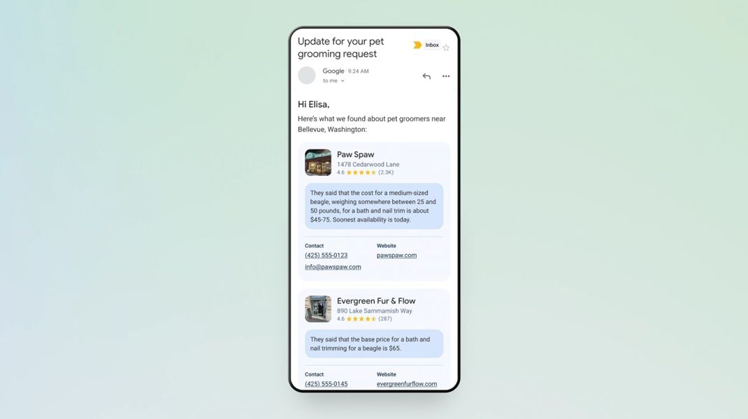 Google Search's AI, after calling businesses, will compile its information into an update email for the user, per their request.