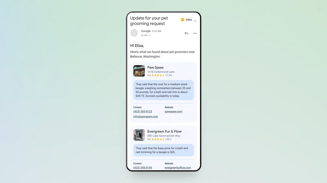 Google Search's AI, after calling businesses, will compile its information into an update email for the user, per their request.