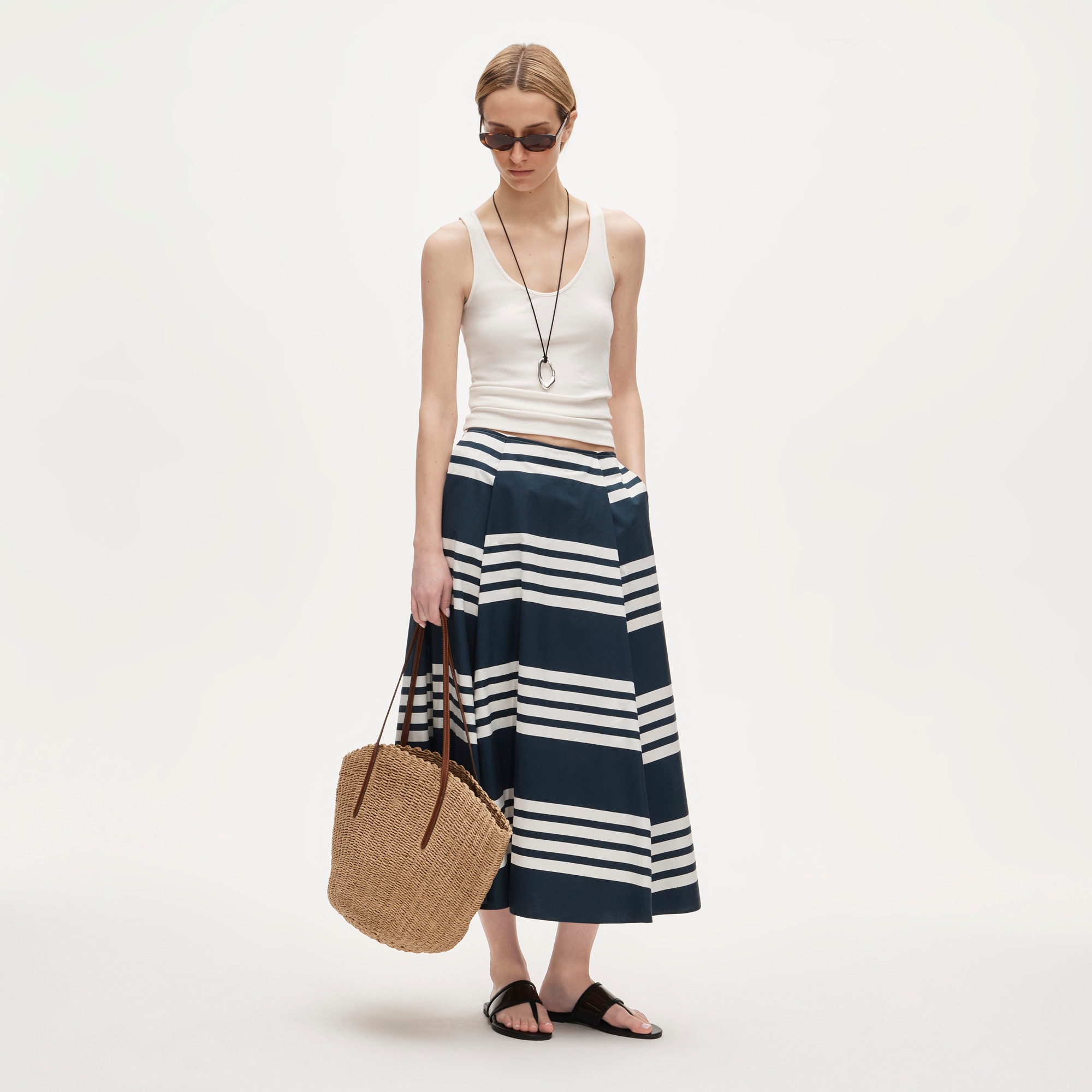 Side-Pleat Midi Skirt in Sailor-Stripe Cotton Poplin