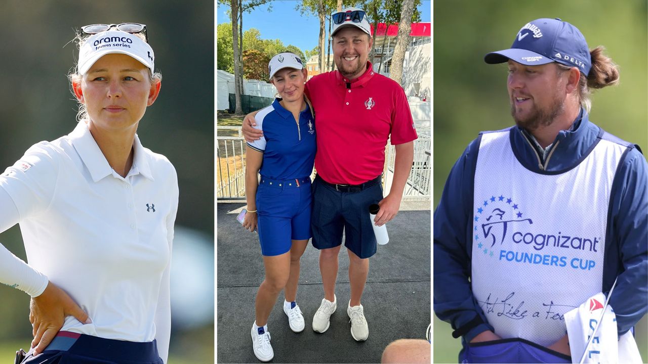 Emily Kristine Pedersen (left) and her caddie boyfriend Olly Brett (right) with screenshot of Pedersen&#039;s Instagram post involving the pair in Team Europe and Team USA clothing (centre)