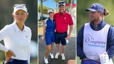 Emily Kristine Pedersen (left) and her caddie boyfriend Olly Brett (right) with screenshot of Pedersen's Instagram post involving the pair in Team Europe and Team USA clothing (centre)