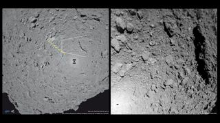 MASCOT points east while descending toward asteroid Ryugu.