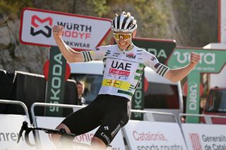 QUERALT SPAIN MARCH 23 Tadej Pogacar of Slovenia and UAE Emirates Team Green Leader Jersey celebrates at finish line as stage winner during the 103rd Volta Ciclista a Catalunya 2024 Stage 6 a 1547km stage from Berga to Queralt 1119m UCIWT on March 23 2024 in Queralt Spain Photo by David RamosGetty Images