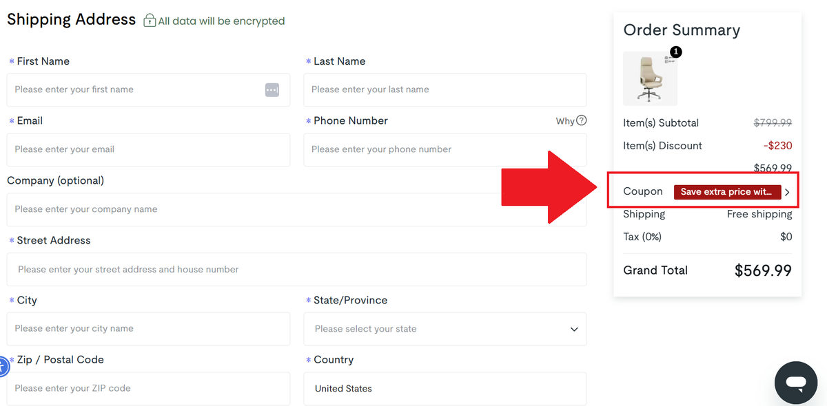 A screenshot showing the flexispot checkout page and where to enter your flexispot promo code
