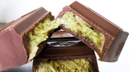 Dubai chocolate bar squares with kadayif and pistachio filling