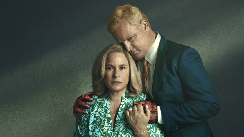 Alex Murdaugh (Jason Clarke) embraces Maggie Murdaugh (Patricia Arquette) with blood-soaked hands in Murdaugh: Death in the Family