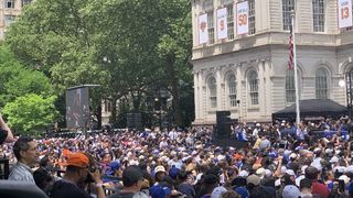 Views from the packed New York Knicks celebration parade after winning the NBA Championship.