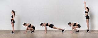 A woman demonstrates five positions of the burpee exercise
