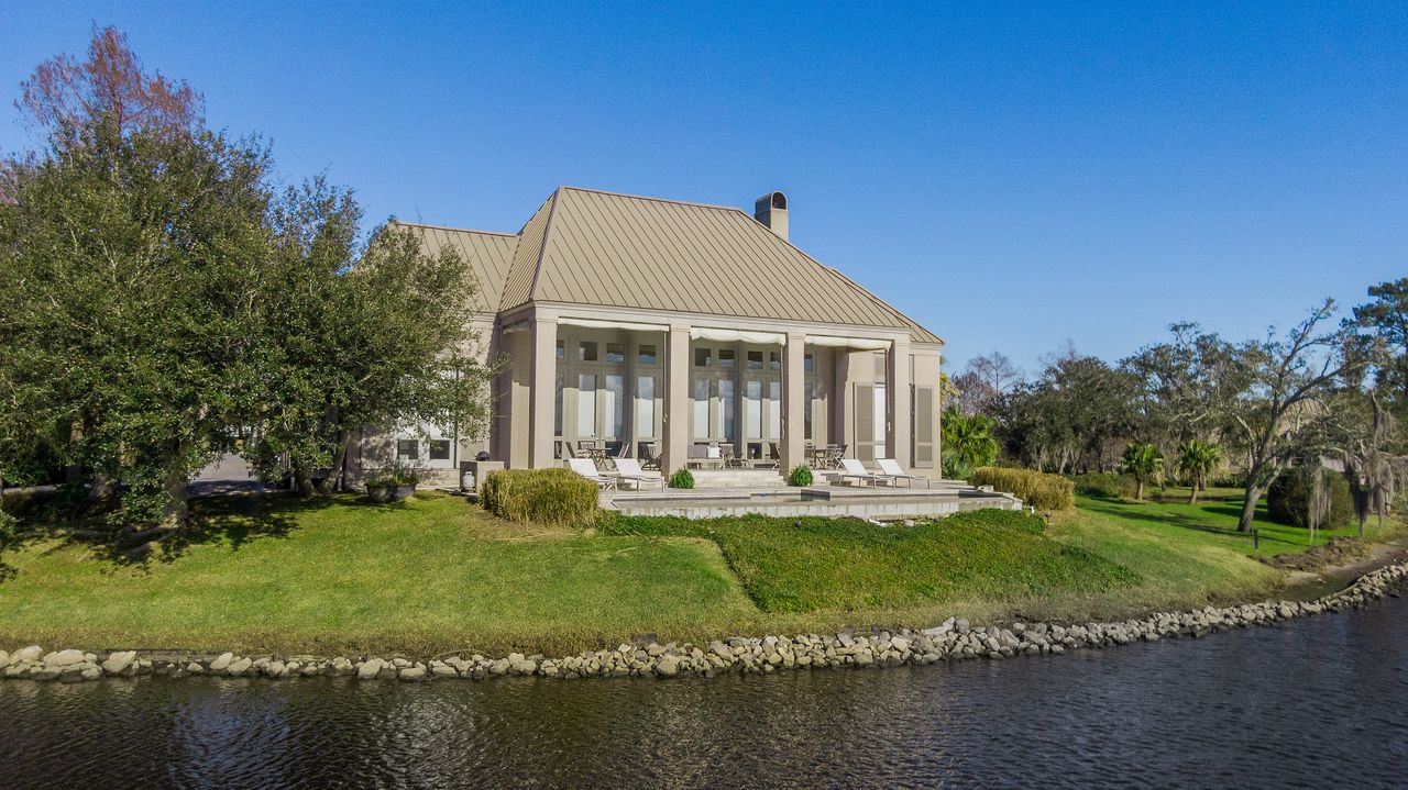 Exterior of luxury lakeside home, Louisiana