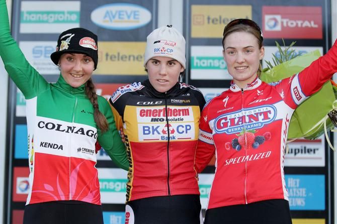 Elite women's podium at Superprestige Diegem (L-R): Eva Lechner, Sanne Cant and Elle Anderson