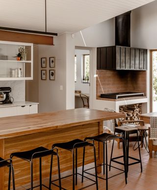 A kitchen with a butcher block