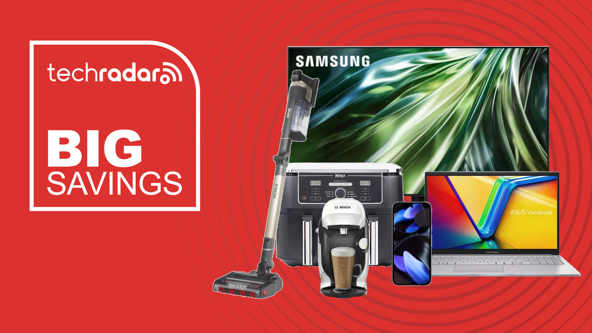 Samsung TV, Ninja air fryer, Asus laptop, Shark vacuum, Google pixel phone and Bosch coffee machine on a red background