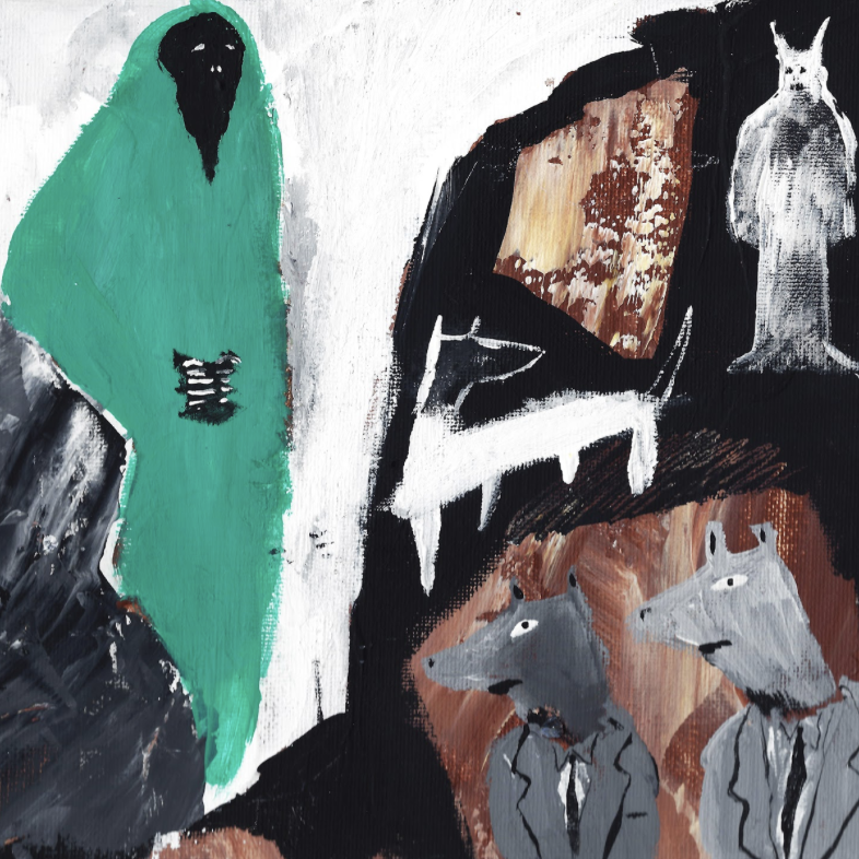 the cover art for finn wolfhard's album happy birthday featuring a painting of different wolves