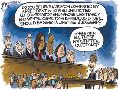 Political cartoon U.S. Brett Kavanaugh supreme court hearing hypothetical questions Trump