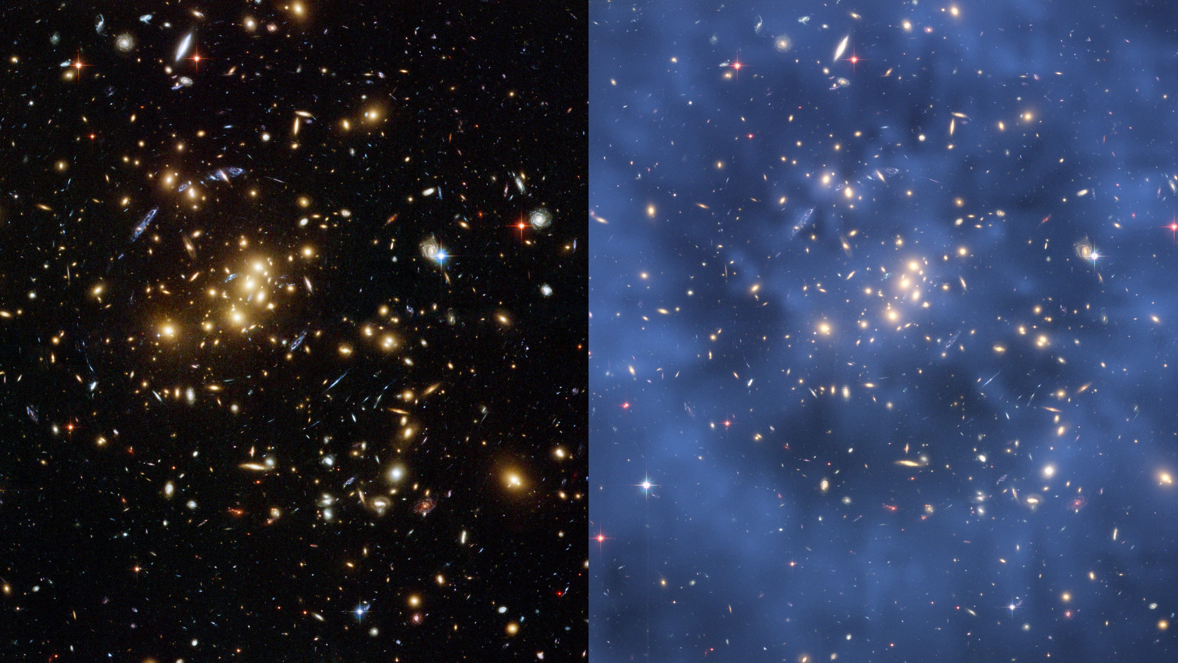 two views of a galaxy cluster are seen. The left looks like a dark region of space with lots of golden-hued galaxies and the right shows some of it shaded in blue.