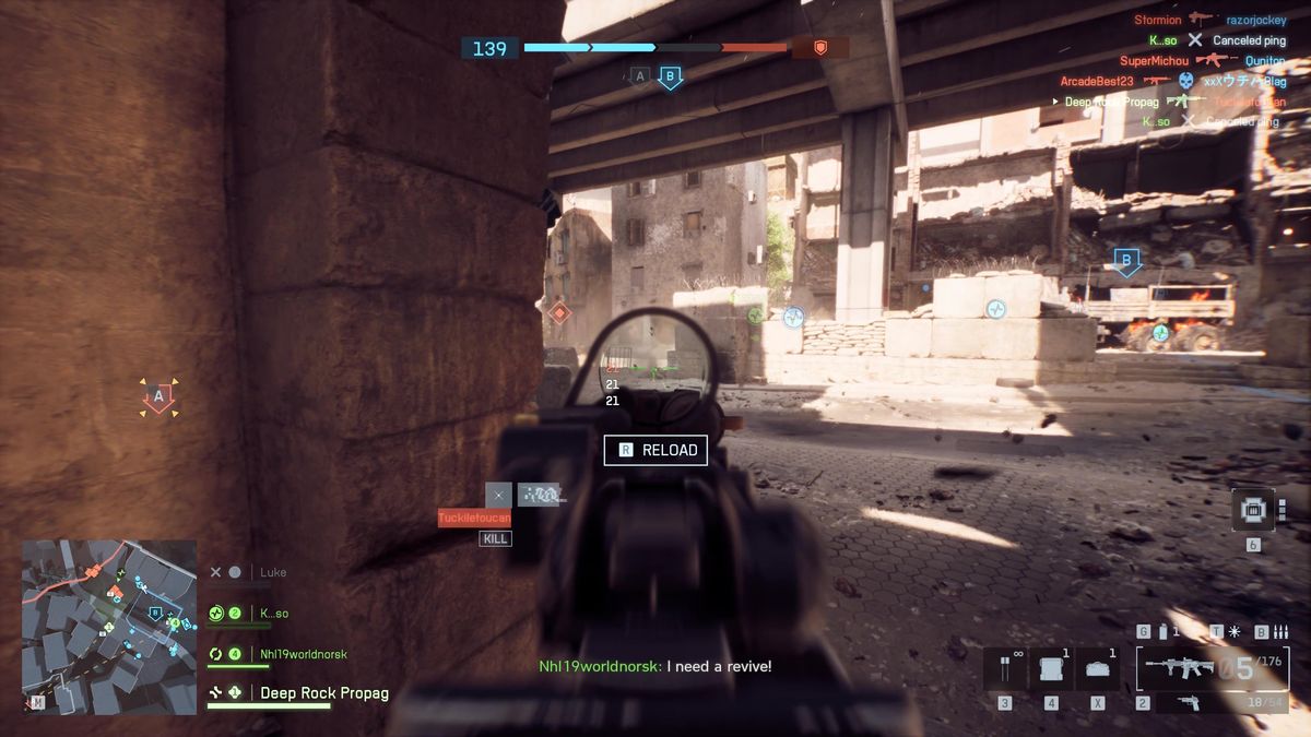Battlefield 6 spotting: A player aiming an assault rifle down a street as a firefight breaks out.