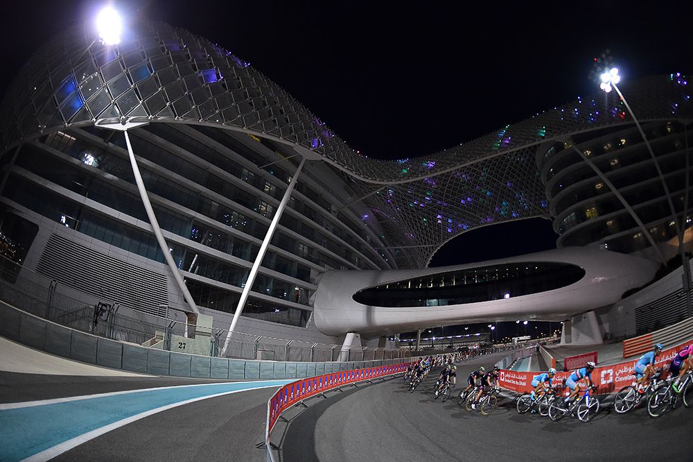 The Abu Dhabi peloton in action at the Yas Marina Formula One track.