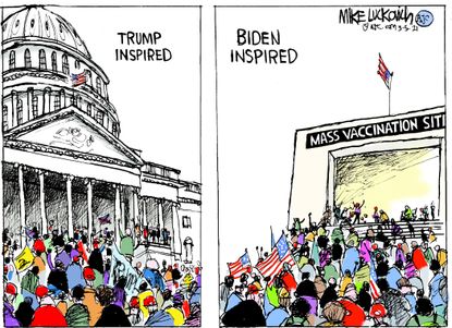 Political Cartoon U.S. trump biden capitol riot vaccines covid