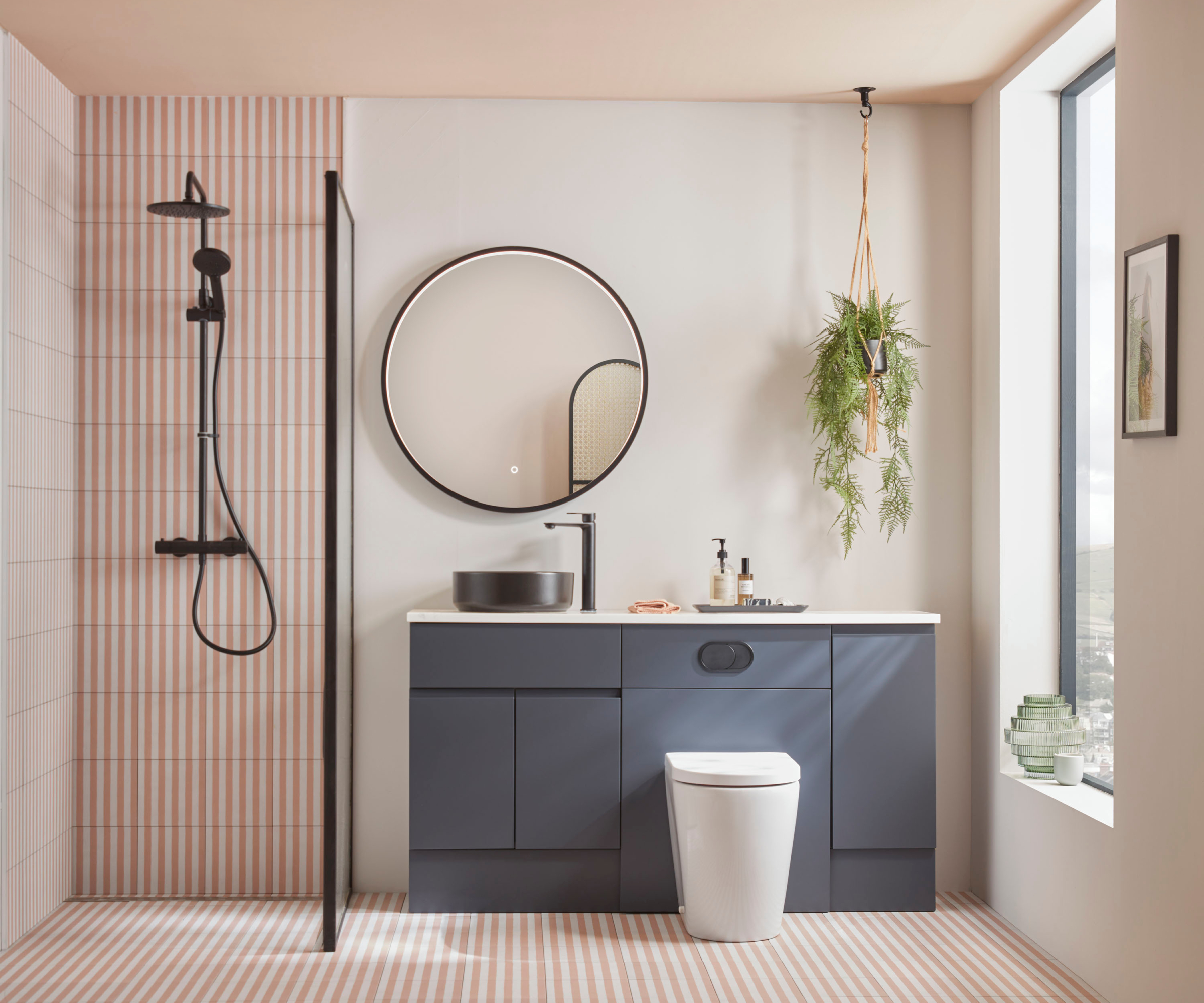 grey and pink bathroom