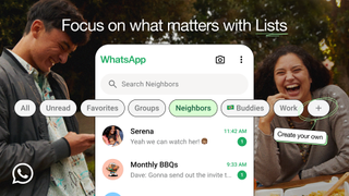 The WhatsApp Lists screen with people laughing in the background