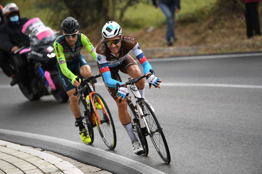 ROCCARASO ITALY OCTOBER 11 Larry Warbasse of The United States and Team Ag2R La Mondiale Giovanni Visconti of Italy and Team Vini Zabu KTM Breakaway during the 103rd Giro dItalia 2020 Stage 9 a 207km stage from San Salvo to Roccaraso Aremogna 1658m girodiitalia Giro on October 11 2020 in Roccaraso Italy Photo by Tim de WaeleGetty Images