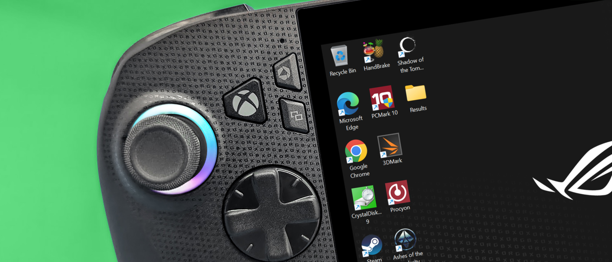 A closeup of the Xbox Ally X&#039;s Xbox button, D-Pad, and left joystick. 
