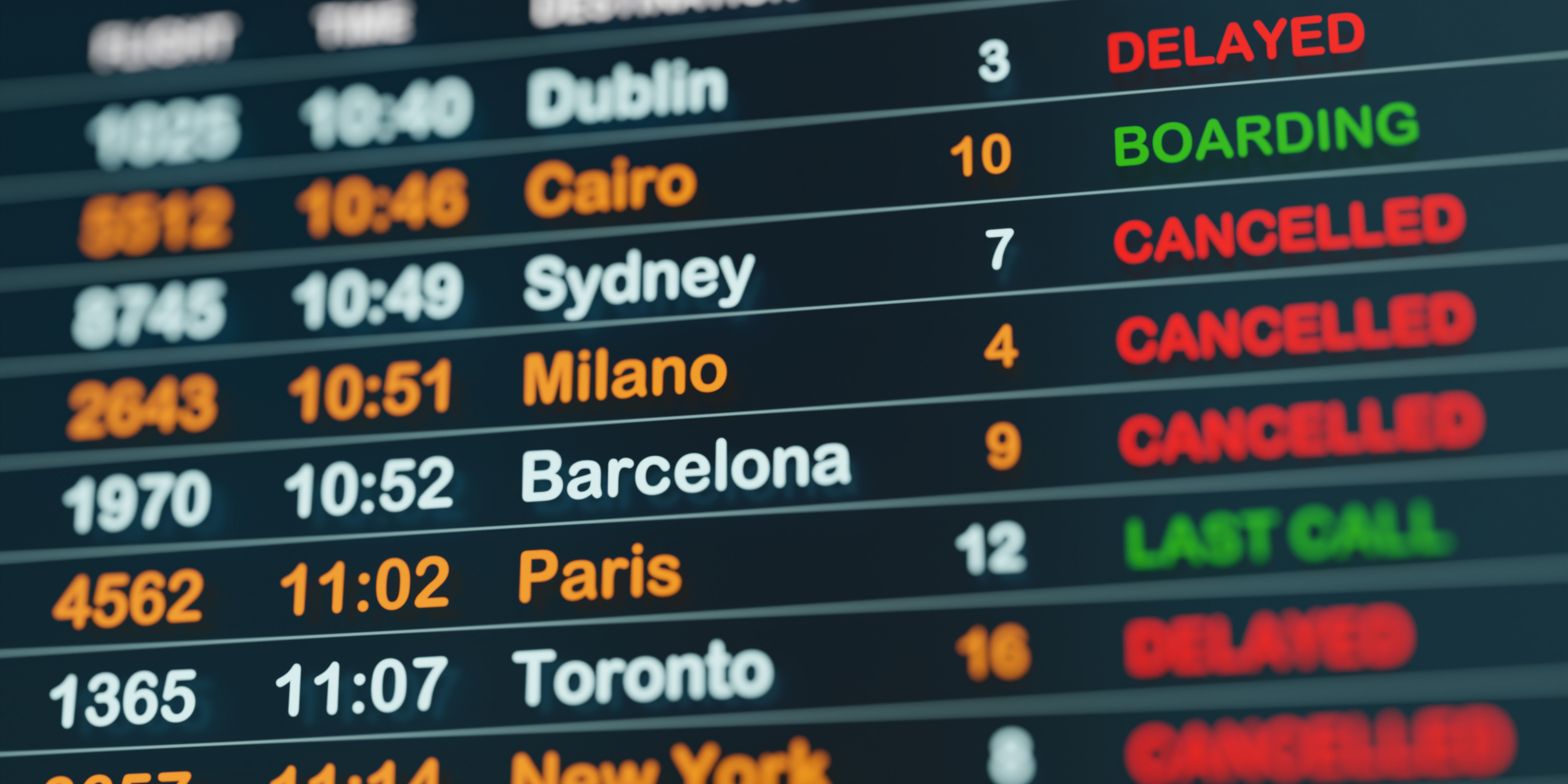 Airport time table with flight data showing many delayed or canceled flights.