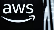 Amazon Web Services (AWS) logo and branding pictured at the Hannover Messe industrial trade fair in Hanover, Germany. 