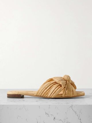 Daphne Bow-Embellished Pleated Raffia Slides