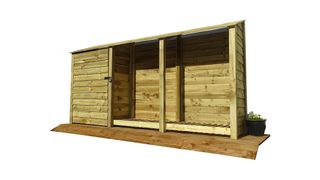large wooden log store with tool shed