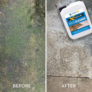 A before picture of a dirty patio and an after picture showing the same patio once cleaned with a patio cleaner