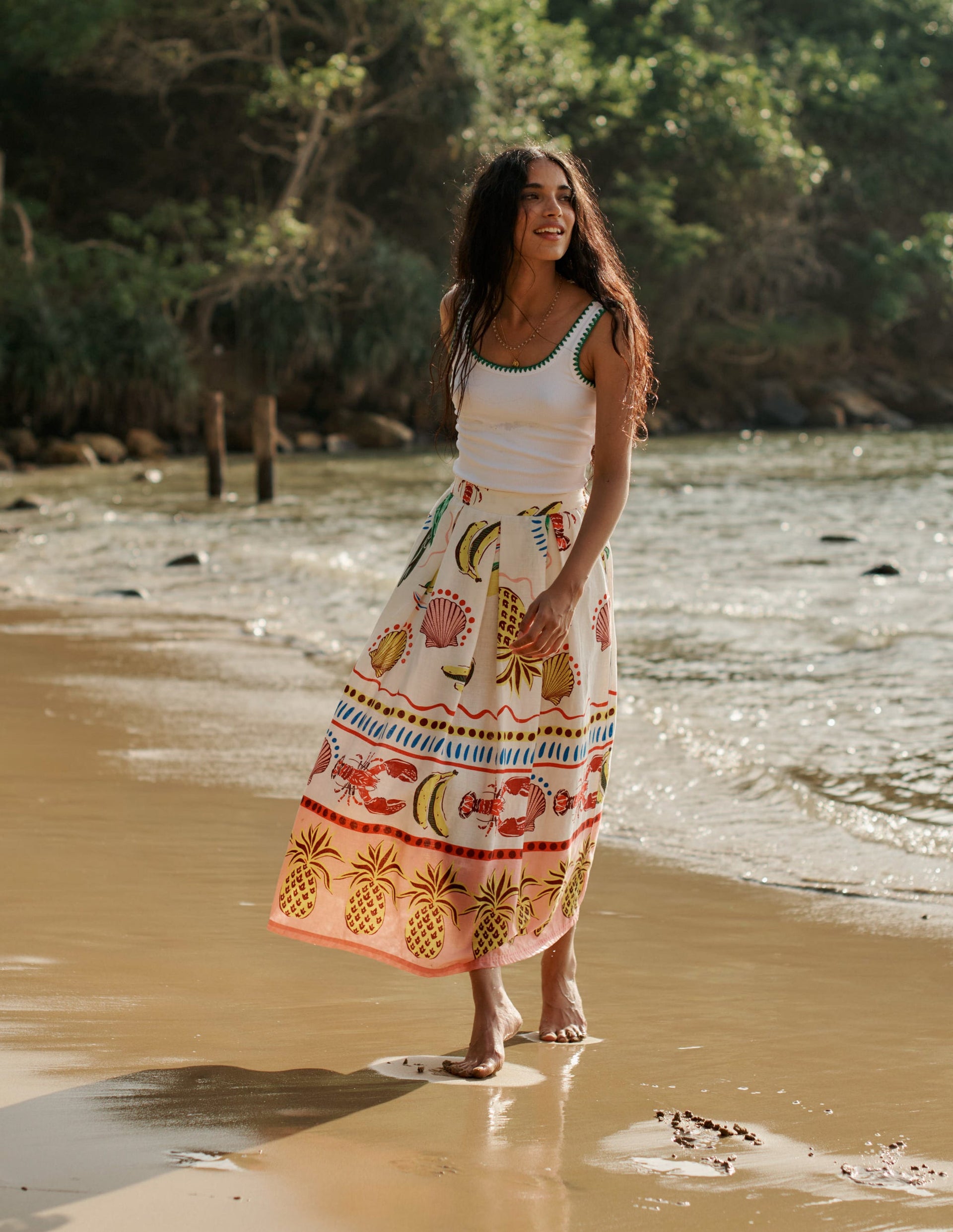Verity Linen Midi Skirt-Multi, Tropical Bonanza