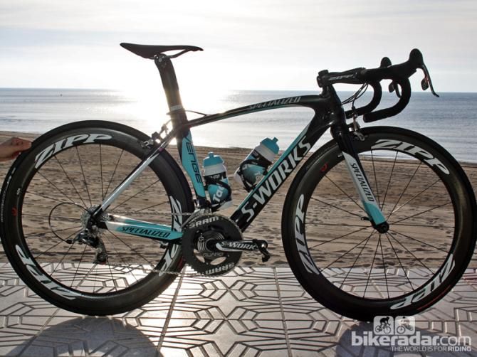 Mark Cavendish (Omega Pharma-QuickStep) is again on a Specialized S-Works Venge but now on the smallest 49cm size