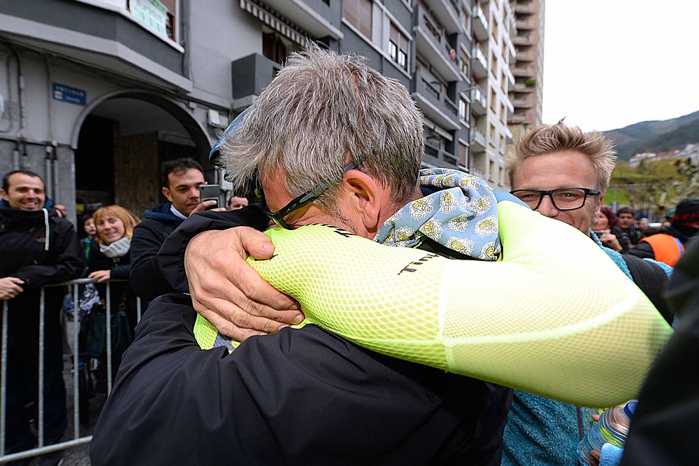 Alberto Contador (Tinkoff) gets a hug after winning the time trial and overall title at Pais Vasco